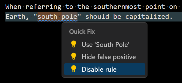 screen show showing the Quick Suggestions panel with 'Disable rule' selected.